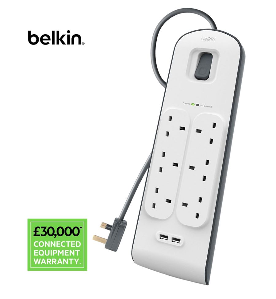 Belkin 6-Outlet Power Strip with 2 USB Ports. Organize and power your devices. 6 AC outlets, 2 USB charging ports, 650 Joule surge protection. Sleek design for home, office, or entertainment centers.