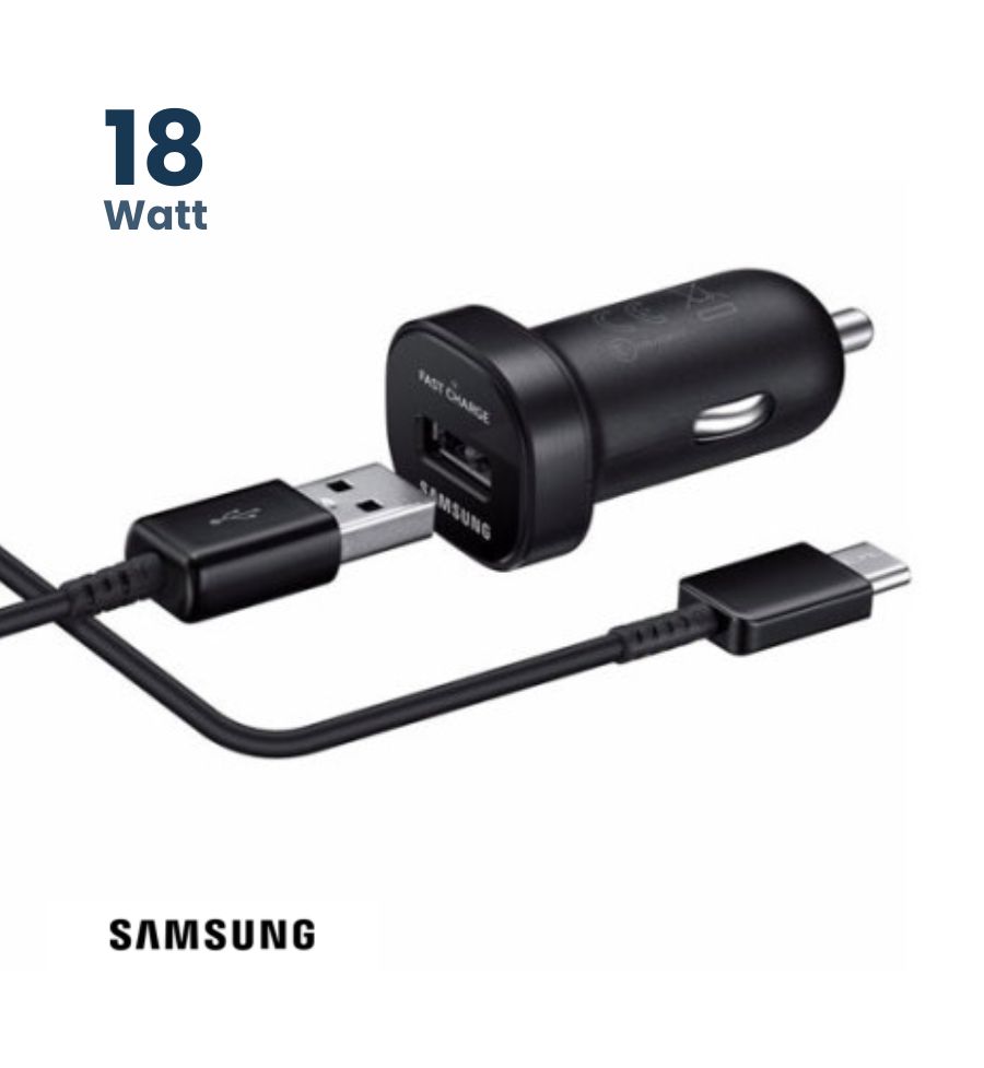 Close-up of the Official Samsung USB-C cAR PLUG ADAPTER (black) plugged into a car's DC outlet.