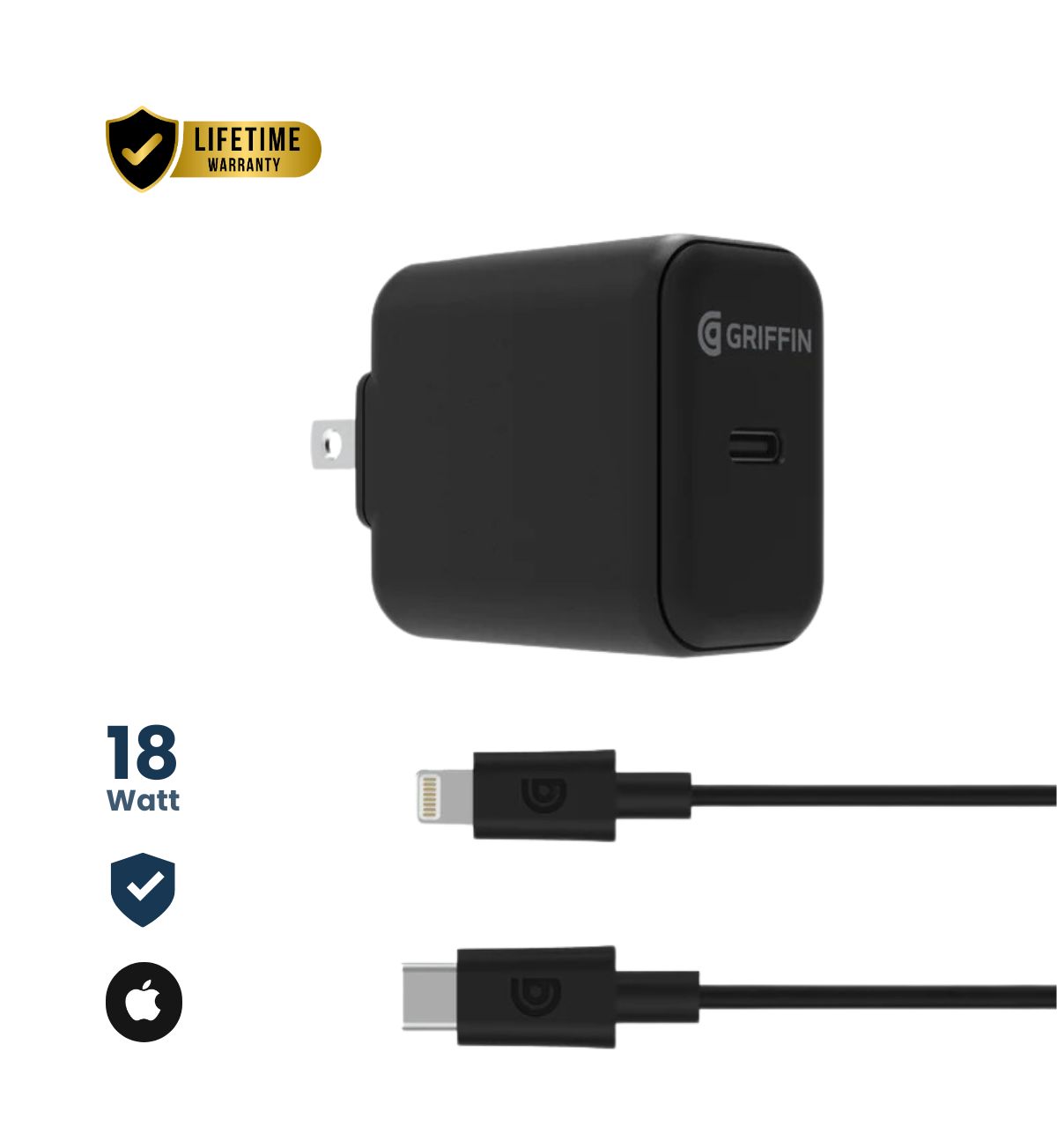Grifin USB C to Lightning adapter with MFi certification for safe and reliable iPhone charging (UK).