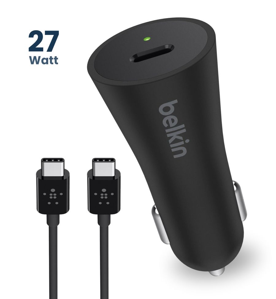 A close-up view of the Belkin 27W USB-C Car Charger (black) with a detachable 4ft USB-C cable attached on one side. The cable is oriented to show the reversible USB-C connector on its tip.