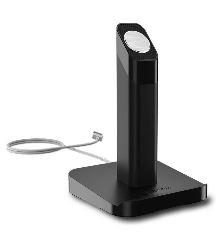 Close-up of the Griffin WatchStand (black) with an Apple Watch placed on the angled cradle in a vertical position.