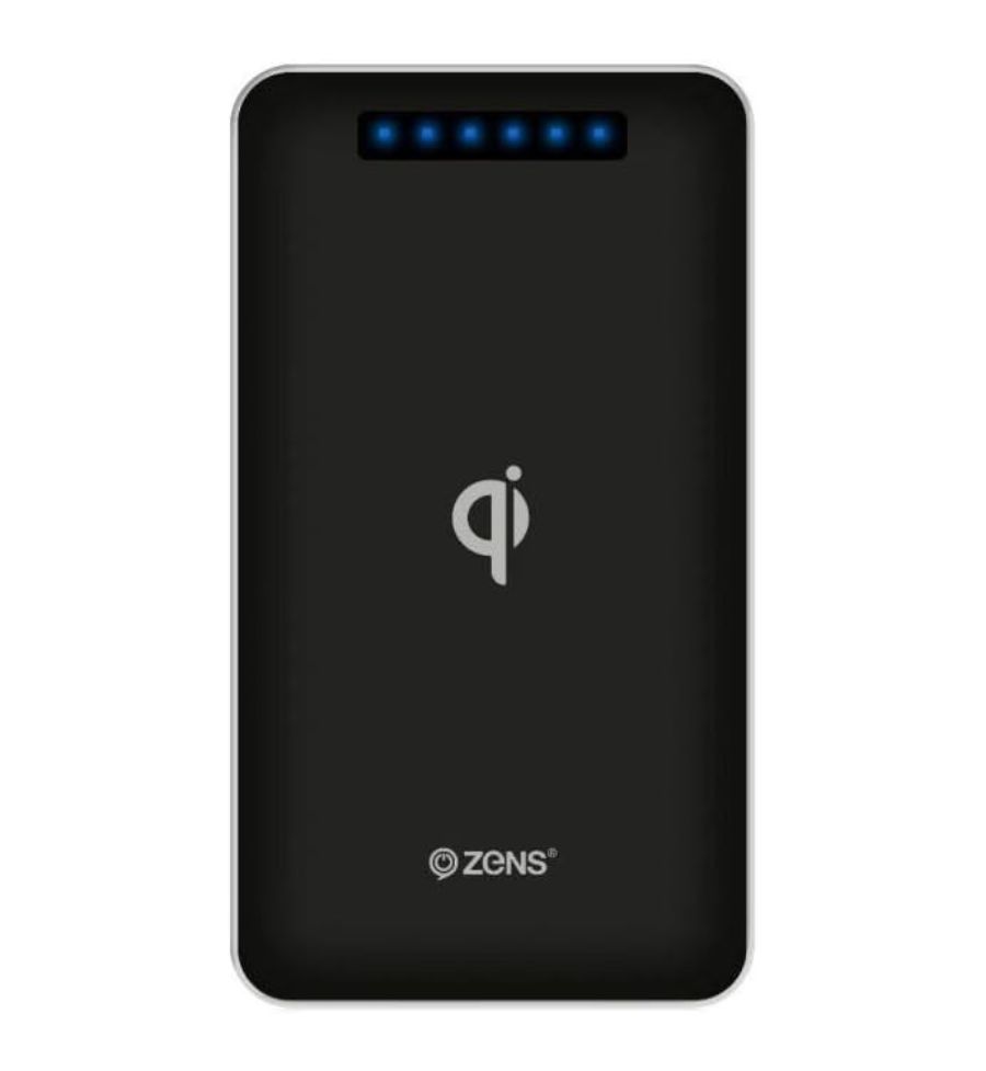 Close-up of the ZENS 4500mAh Wireless Power Bank (black) with a white background.