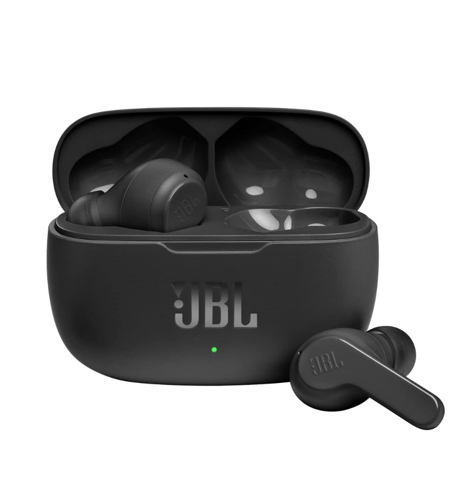 Close-up image of the JBL Wave 200 tws charging case (black) with both earbuds nestled inside.