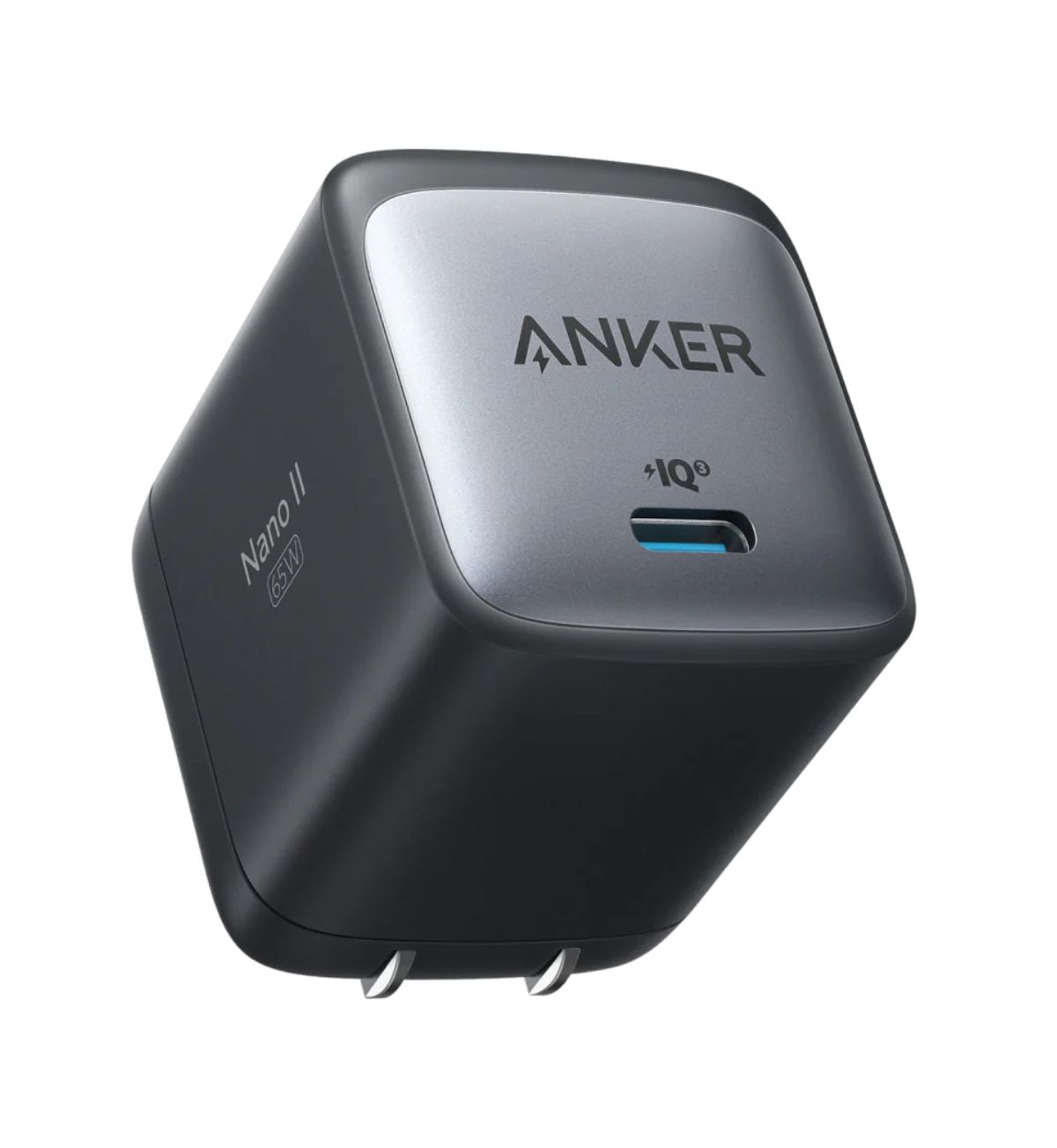 Close-up image of the Anker 65W GaN II Charger highlighting its compact size, foldable plug, and USB-C PD port. Text overlay: "GaN II technology for ultra-compact power.