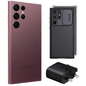 Used Samsung Galaxy S22 Ultra Deal (Burgundy, 128GB) smartphone bundled with King Kong Clear Case, Nikilin Full Protection Armor Case, and Samsung 25W PD Fast Charger
