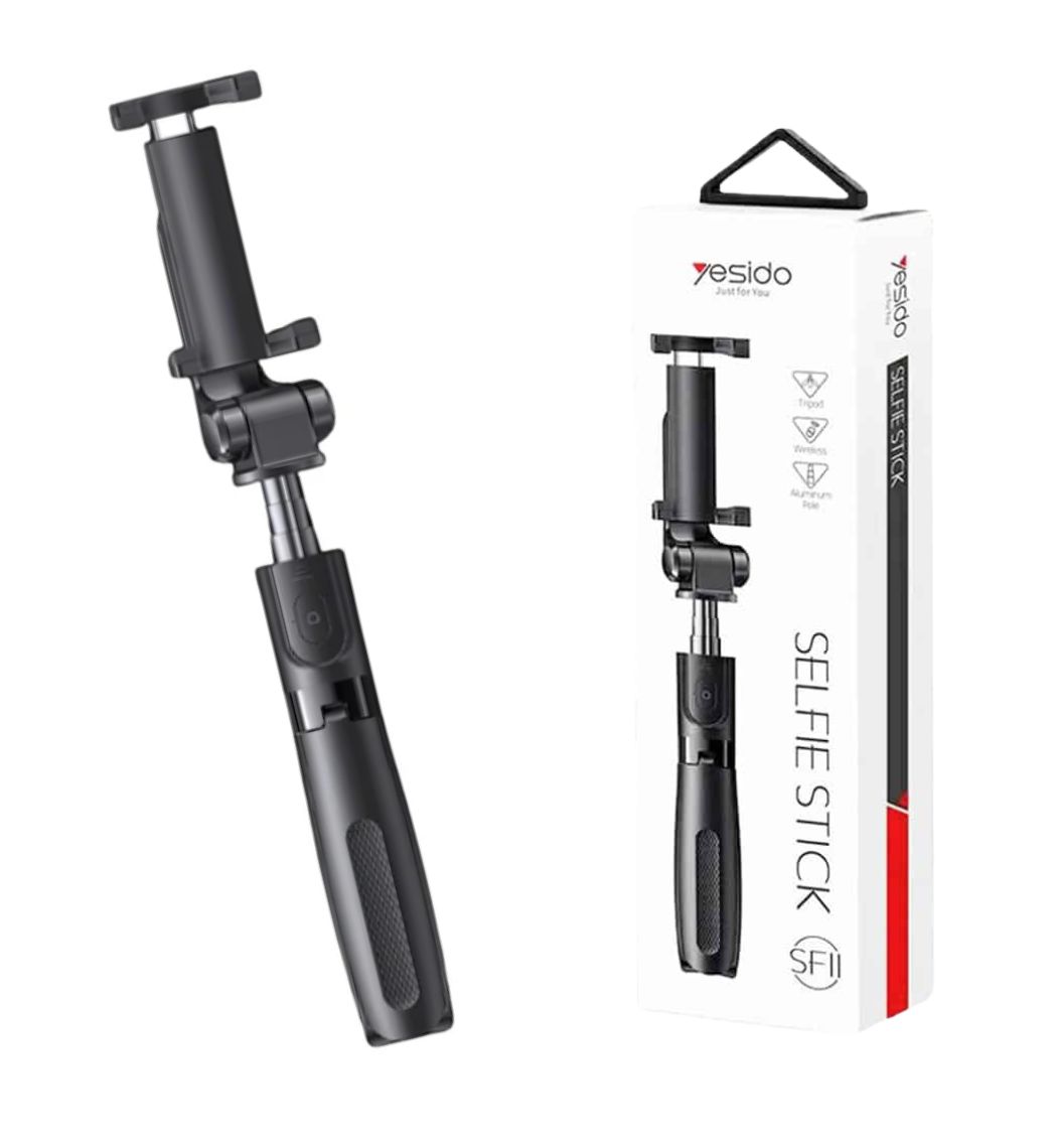YESIDO SF11 Bluetooth Selfie Stick phone holder with phone attached.