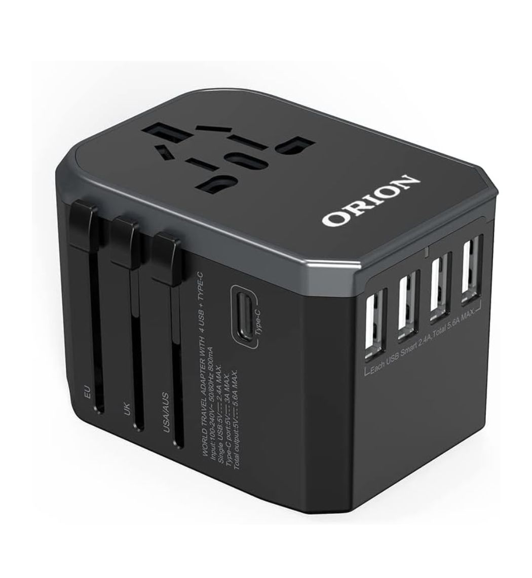 Travel hassle-free with the ORION Universal Travel Adapter. Featuring universal compatibility plugs, fast charging Type-C port, and multiple USB ports, this all-in-one adapter keeps your devices powered worldwide.