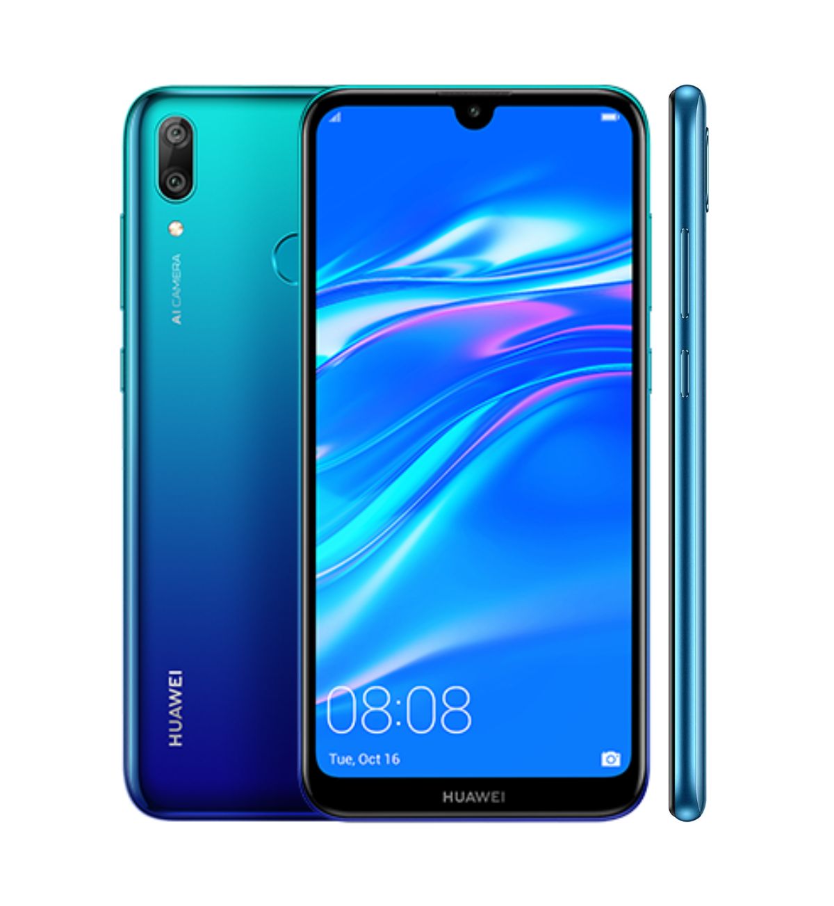A close-up image of the sleek Huawei Y6 2019 smartphone in a stylish colour, held comfortably in a hand. The 6.09-inch HD display is vibrant and showcases a crisp image.
