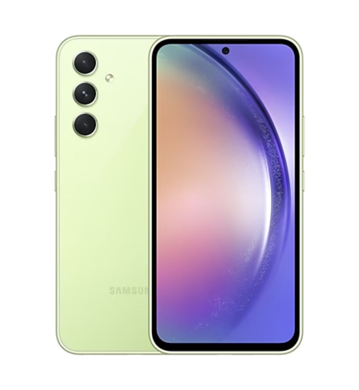 Close-up image of the Samsung Galaxy A54 5G in Awesome Lime color, highlighting the sleek design and comfortable grip. Text overlay: "Stand out from the crowd with the Samsung Galaxy A54 5G's vibrant Awesome Lime color (UK)