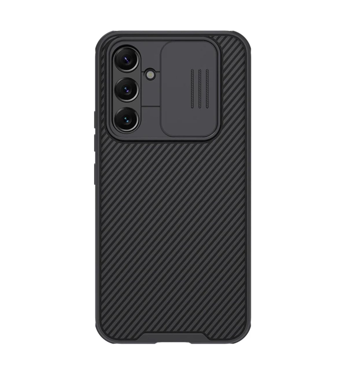 Image of the Nillkin CamShield Pro Case for Samsung Galaxy A54 5G in a sleek color, showcasing the slim design and comfortable grip. Text overlay: "Nillkin CamShield Pro Case (UK): Stylish protection for your Samsung Galaxy A54 5G. Slide cover safeguards camera & offers privacy.