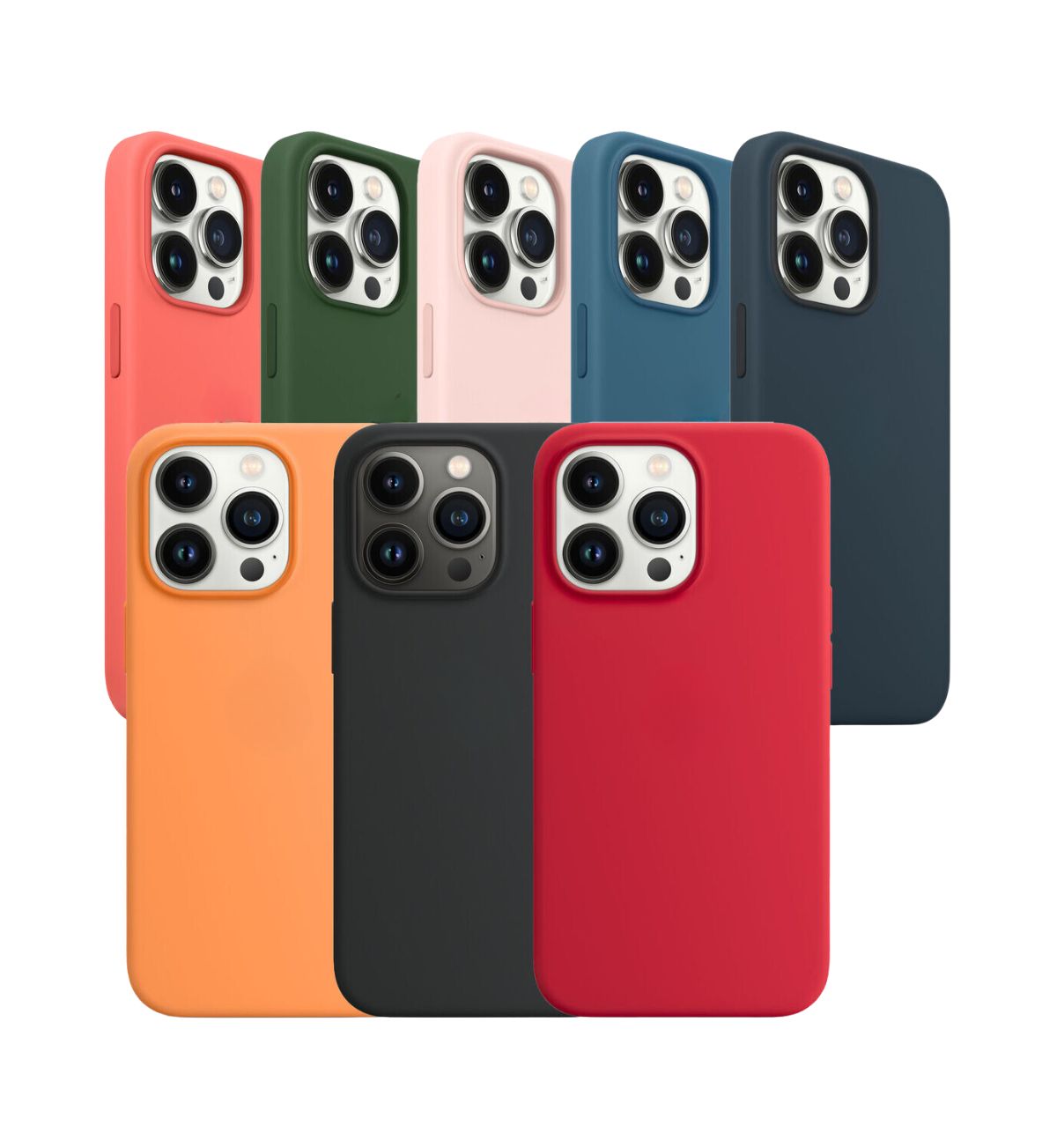 Vibrant collection of iPhone 13 Pro Max Silicone Cases in various colors (Midnight, Blue Jay, Abyss Blue, Marigold, etc.). Soft-touch silicone offers protection and style. Choose your favorite! (UK)