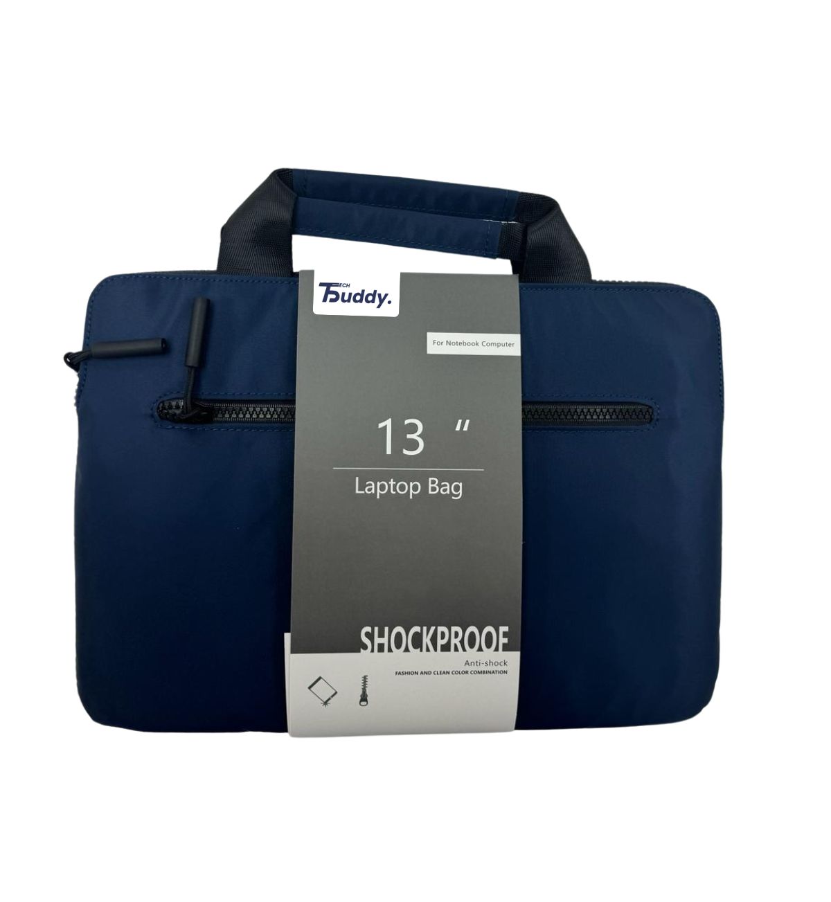 Image of a person carrying the 13-inch Blue laptop bag comfortably with the top grip. Text overlay: "Unmatched protection on-the-go: Our Brand 13-Inch Laptop Bag (Blue) with secure zip pockets and comfortable grip.