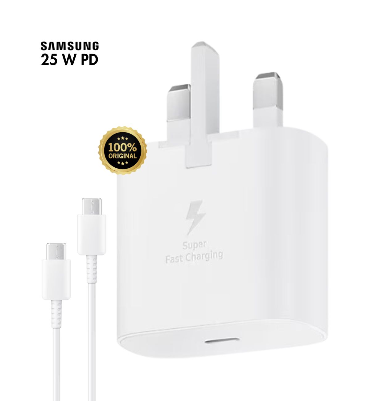 Close-up of the front view of a genuine Samsung 25W Super Fast Charging Travel Adapter (White). The image showcases the Samsung logo, wattage (25W), and Super Fast Charging text clearly visible.