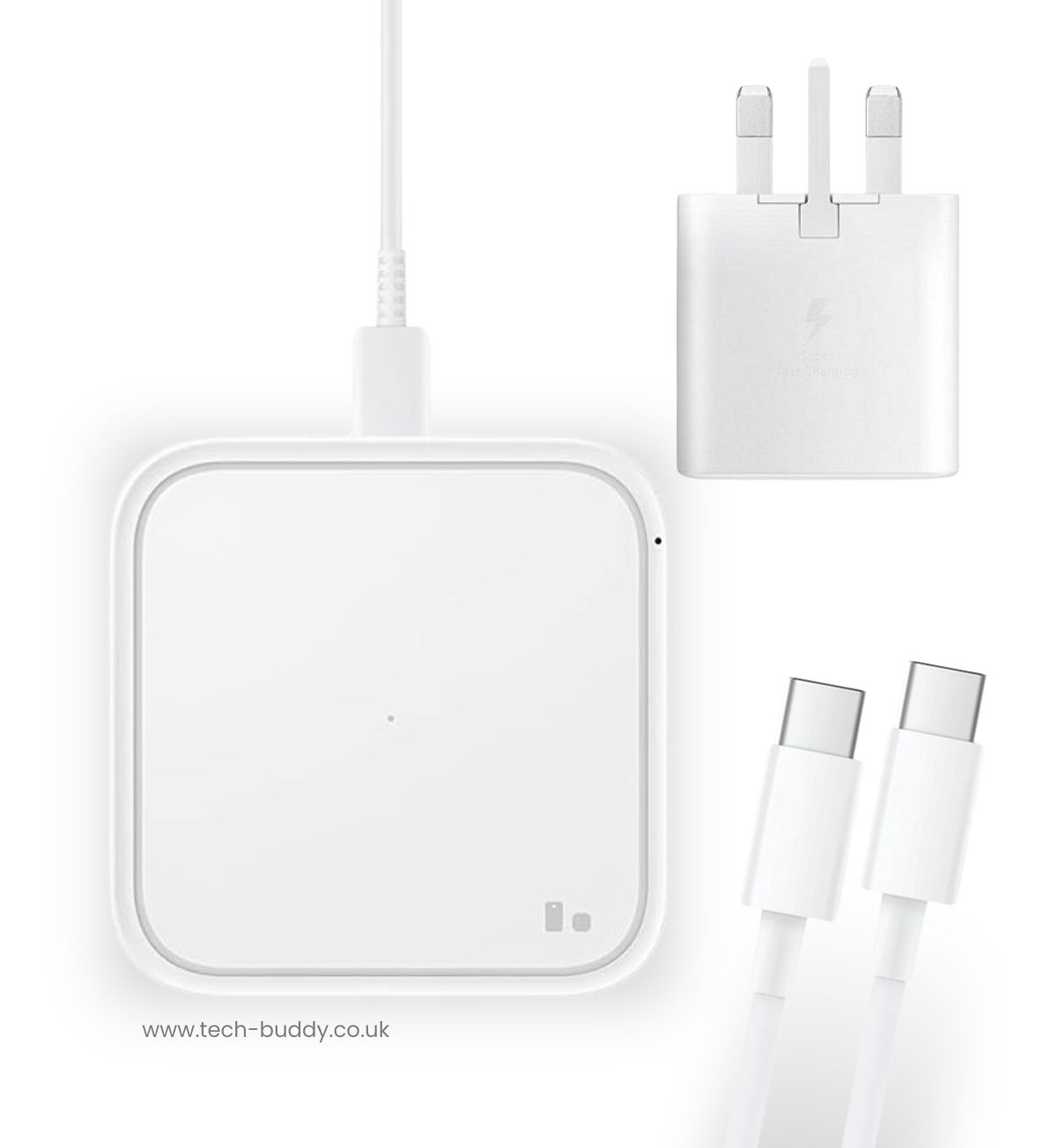 Official Samsung 15W Wireless Charger Kit (UK). Includes wireless charger, USB-C cable (for power), and optional 25W power adapter (for Super Fast Charging on compatible devices). Enjoy fast, cable-free charging for your Qi-enabled devices.