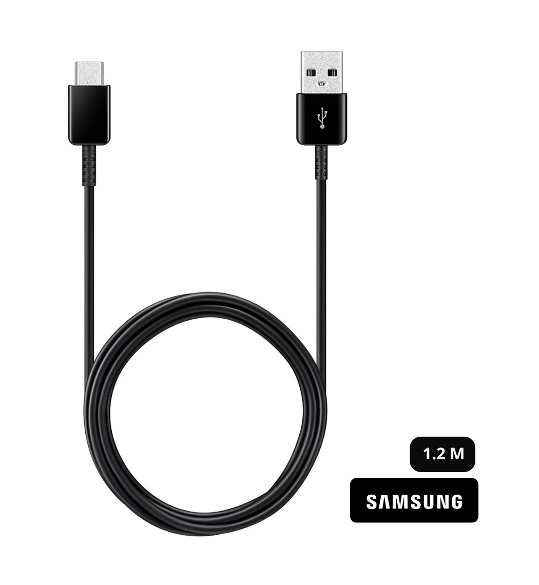 Power Up Your Samsung: Black genuine Samsung USB A to USB C Cable (1.2m) ensures reliable charging and fast data transfer for your Samsung Galaxy smartphones, tablets, and other USB-C devices. (Image of the cable connected to a Samsung phone and a laptop)