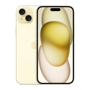 Image of a practically New iPhone 15 Pro Yellow color, displayed alongside a complimentary case, screen protector, and charging cable. Text overlay highlights the key features: Unlocked UK, 128GB storage, 12-month warranty, and free shipping.