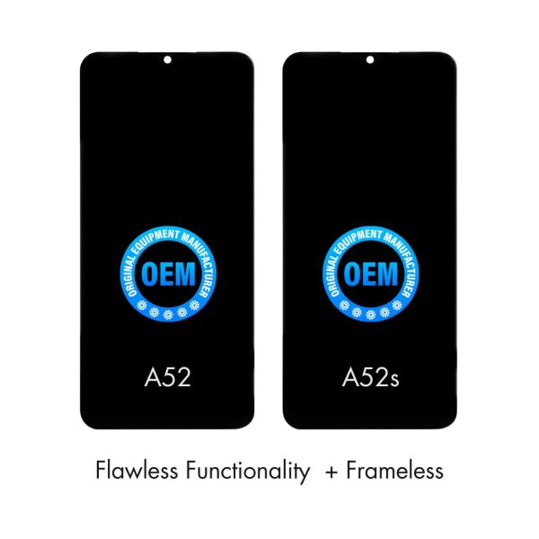 Side-by-side comparison of genuine Samsung Galaxy A52 and A52s LCD screen replacements, highlighting their identical appearance. Restore flawless functionality for both A52 and A52s models with these high-quality replacements.