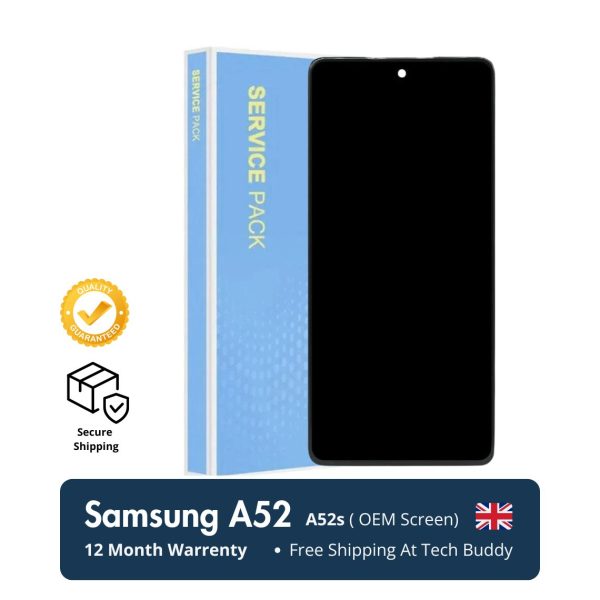 Image of a secure packaging box containing genuine Samsung Galaxy A52 and A52s LCD screen replacements alongside a 12-month warranty certificate. Order your A52/A52s screen replacements with confidence and enjoy a safe delivery experience with peace of mind in the UK