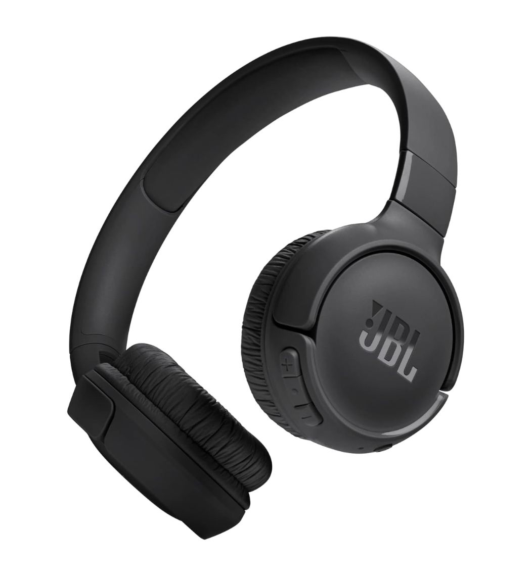 Deep Bass, On-Ear Bliss: Black JBL wireless headphones Tune 520BT - JBL Tune 520BT wireless headphones deliver powerful JBL Pure Bass Sound for an immersive listening experience. (Image of the headphones with emphasis on the ear cups)